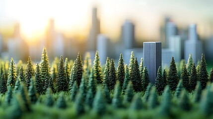 Green city concept: miniature skyscraper in a lush model forest with a blurred city background