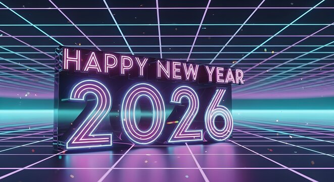 "Happy New Year 2026" is written in retro, futuristic chrome with vaporwave colors and neon grids. - Powered by Adobe