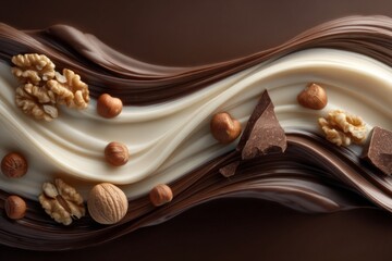 cream, chocolate waves, nuts,Color Grading, Natural Lighting, Beautiful Lighting