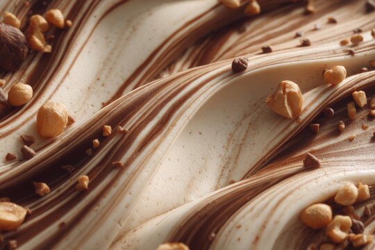 A close-up of creamy ice cream with chocolate swirls and chopped nuts, captured under soft natural lighting.