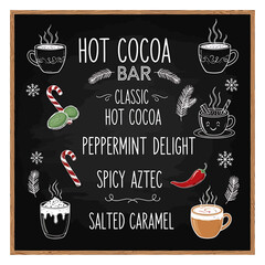 Hand-drawn winter beverage menu with various hot chocolate flavors on a chalkboard background for a cozy cafe