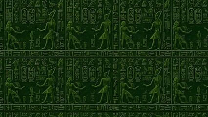 Green background with a pattern of Egyptian hieroglyphs and figures.