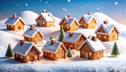 Gingerbread Village in Winter Snow with Christmas, and Holiday Scene.