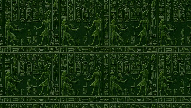 Green background with a pattern of Egyptian hieroglyphs and figures.