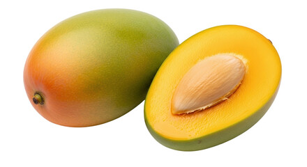 Isolated Whole and Halved Mango Showing the Seed, Exotic Fruit on Display, Close-Up View