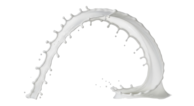 Isolated arc of splashing milk, a creamy liquid creating a curved motion in the air