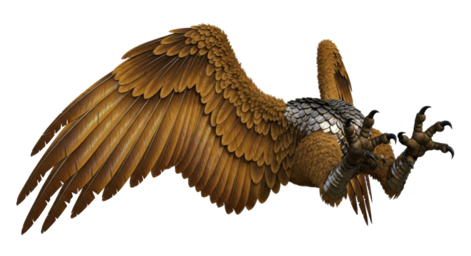 Isolated Gryphon attacking with claws and wings ready to strike, mythical creature attack