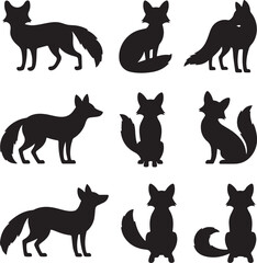 Fototapeta premium Collection of black fox silhouettes in various standing and sitting poses for wildlife nature graphic design