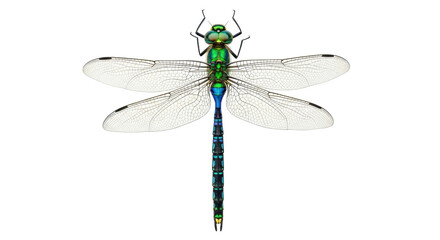 Isolated dragonfly insect arthropod with iridescent coloring, shimmering green blue insect