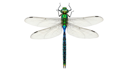 Isolated dragonfly insect arthropod with iridescent coloring, shimmering green blue insect