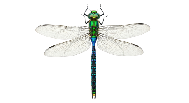 Isolated dragonfly insect arthropod with iridescent coloring, shimmering green blue insect
