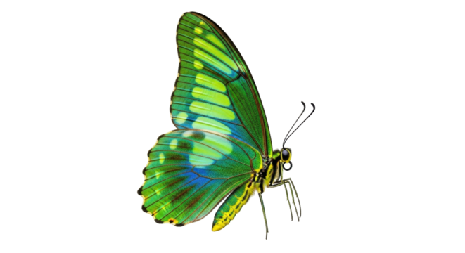 Isolated ornate green butterfly in spring season, delicate insect with vibrant colors, side view