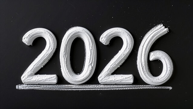Chalk drawn 2026 New Year text on a black chalkboard background. Hand-sketched chalk style 2026 New Year lettering on a dark blackboard