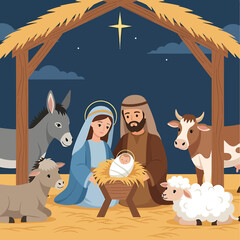 Cartoon illustration of a holy family with a newborn baby in a manger surrounded by animals under a stable