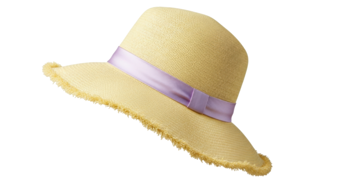 Isolated straw sun hat with lilac ribbon for summer fashion accessory, vacation style