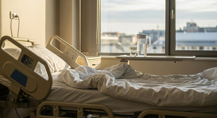 Empty Hospital Bed in Sunny Room with City View