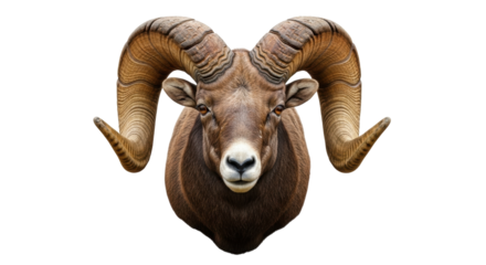 Isolated majestic ram head close-up portrait, impressive horns, wild mammal, wildlife animal