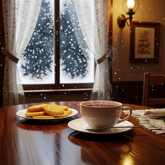 Cozy Winter Scene Tea, Cookies, and a Snowy View