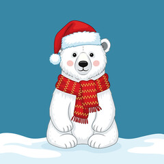 A charming Christmas polar bear character sitting in the snow, wearing a festive red Santa hat and a cozy knitted scarf for the holiday season