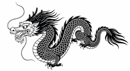 Black and white Chinese dragon vector illustration featuring a magnificent scaled body and long flowing whiskers, a traditional mythology symbol isolated on a pure white background.
