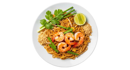 Isolated Pad Thai with Shrimp, Noodles, Cilantro, Lime, and crushed Peanuts delicious meal