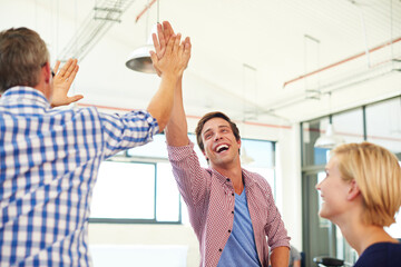 Happy people, meeting and team with high five for winning, unity or solidarity in office. Creative group, employees or colleagues with smile for achievement, triumph or project success in workplace