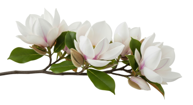 Isolated magnolia branch with elegant fresh blossoms and leaves, floral spring concept