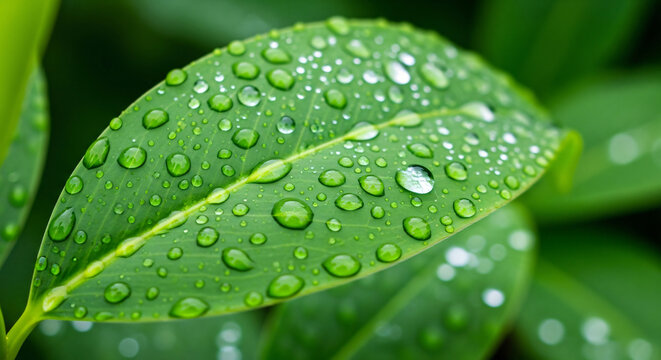 Vibrant Green Leaf with Sparkling Raindrops - Powered by Adobe