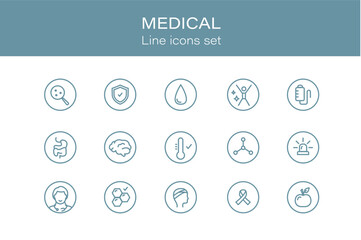 Set of Medicine and Healthcare web icons in line style. Medicine and Health Care, aid, RX. Collection of medical pictograms