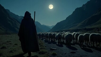 Mystical Shepherd Guiding His Flock Through a Moonlit Valley Under the Stars, a Timeless Scene of Faith and Tranquility in 4K Video