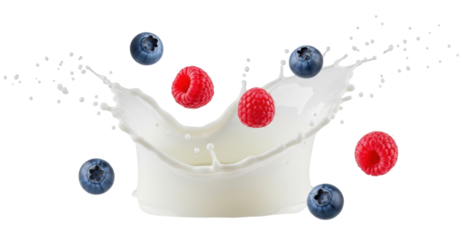 Isolated burst of milk with blueberries and raspberries falling and splashing in a crown shape