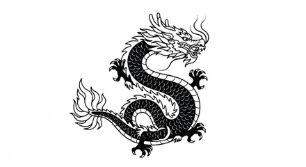 Powerful monochrome Asian dragon graphic silhouette, featuring traditional stylized scales and a dramatically curled tail, appears isolated on a crisp white background.