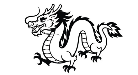 Simplified Chinese dragon 2D flat vector illustration featuring clean black and white shapes, isolated as a bold graphic symbol of mythology and tradition on a pure white background.