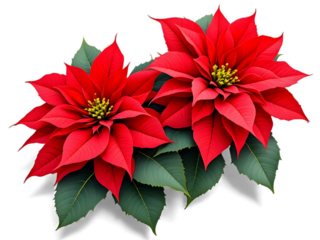 Top view flat lay of red poinsettia Euphorbia pulcherrima arranged on clean white background, festive Christmas floral still life for design, banners, cards, ads and seasonal branding.!