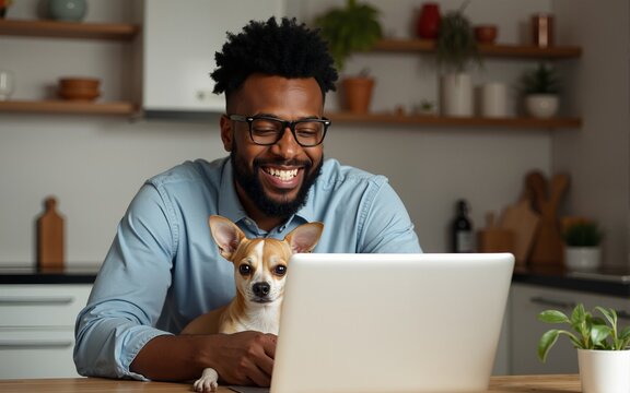 African american man using laptop and holding Chihuahua dog while working in kitchen, banner shot. High quality
