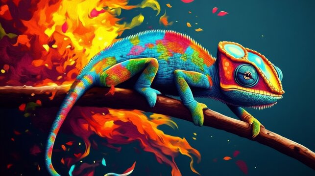 Digital illustration chameleon sitting branch background dark blue painting style illustration, happy