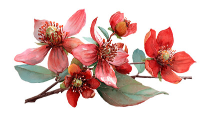 Watercolor blooming red carolina allspice flowers branch clip art illustration