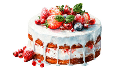 Watercolor strawberry and berry cake clip art illustration 
