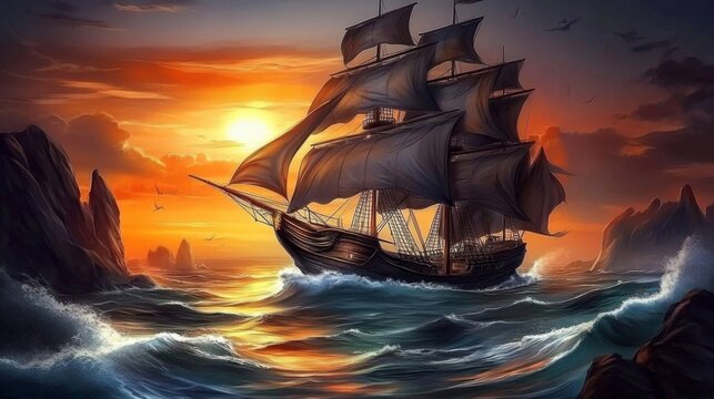 Digital illustration ship sailing ocean sunset tall multiple art of big