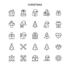 Christmas holiday thin line icon set featuring festive symbols like Santa Claus, gift boxes, reindeer, and decorated trees for winter celebrations