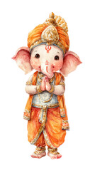 Watercolor cute doll of ganesha god of hindu hinduism wearing yellow clothes cartoon clip art illustration