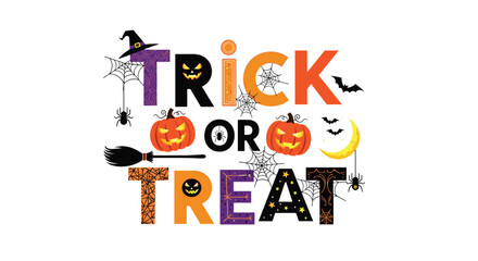 Festive 'Trick or Treat' Halloween typography with pumpkins, bats, spiders, and a witch's broom on a white background.