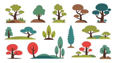 Collection of various trees with different colors and shapes, representing forest, nature, and environmental elements for design and illustration.