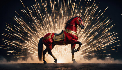 Majestic Red Horse with Golden Saddle Against a Backdrop of Explosive Fireworks for Chinese New Year