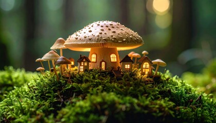 Miniature Mushroom House in Forest with Fairy Tale, Fantasy, and Glowing.