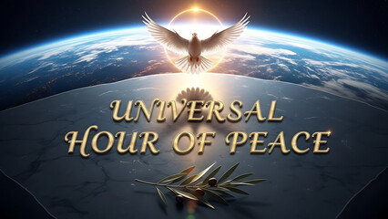 Universal hour of peace with dove, earth, and olive branch against dark background 4K and HD image