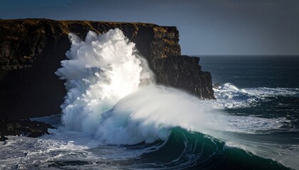 Powerful Wave Crashing Against Coastal Cliffs  Ocean Landscape.