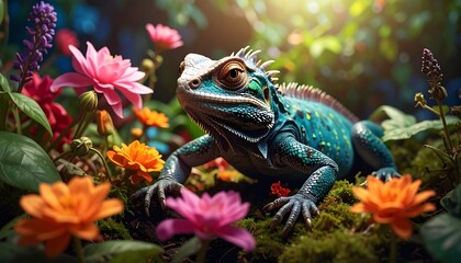 Obraz premium Vivid lizard in vibrant, colorful garden setting with diverse blooms, focused