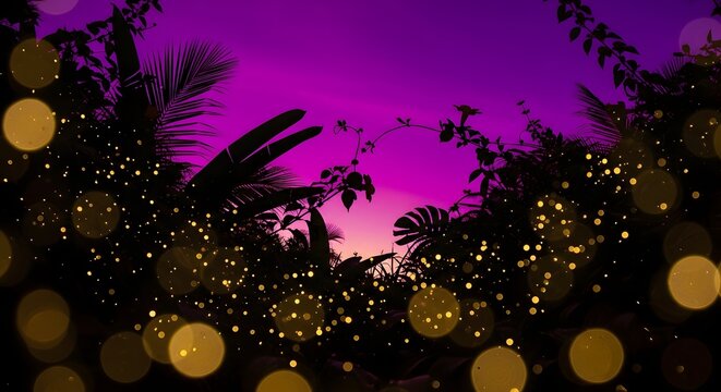 Silhouette of tropical plants against a vibrant purple and orange gradient sky with bokeh effect overlay