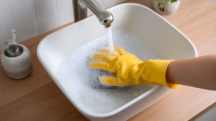Hand in yellow glove washing a sink with foam
